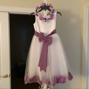Pre-owned Girls White Purple Sleeveless Long Dress with Hair Accessory size 6